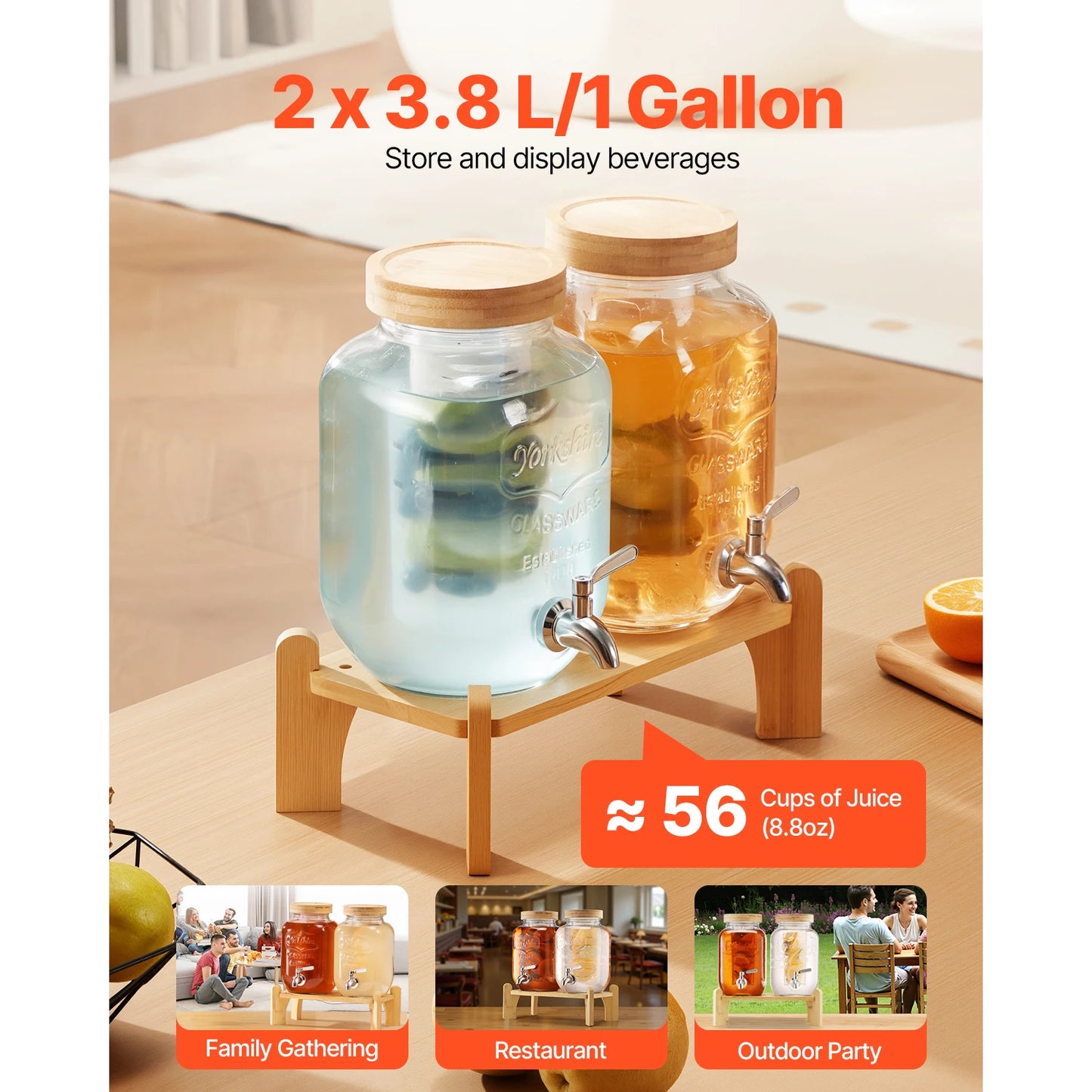 SucceBuy Glass Beverage Dispenser With Wood Stand For Parties Entertaining 8L Dual Pack