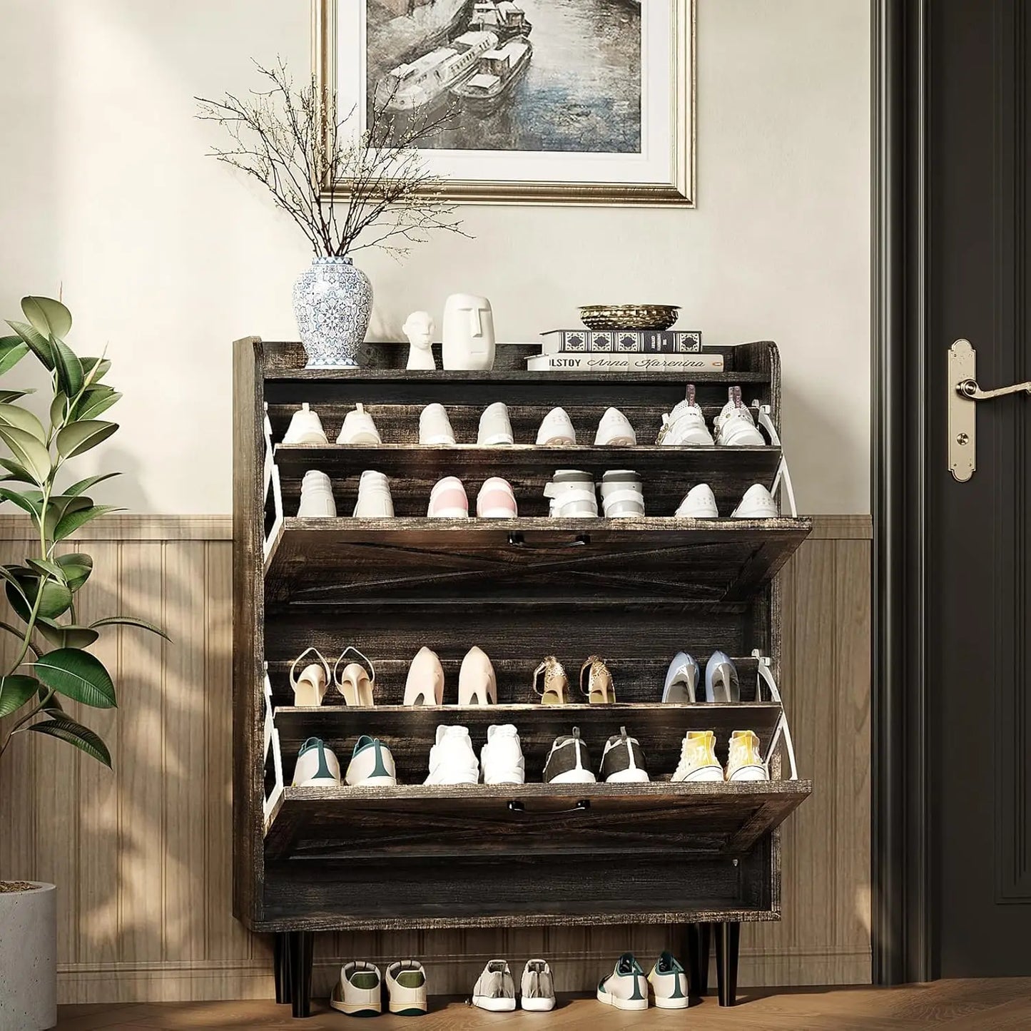 Ultra Slim Entryway Shoe Cabinet With Flip Drawers And Drop Down