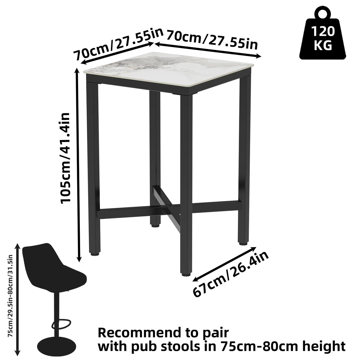 Upscale Marble Top Tall Bar Table Square Counter For Restaurants