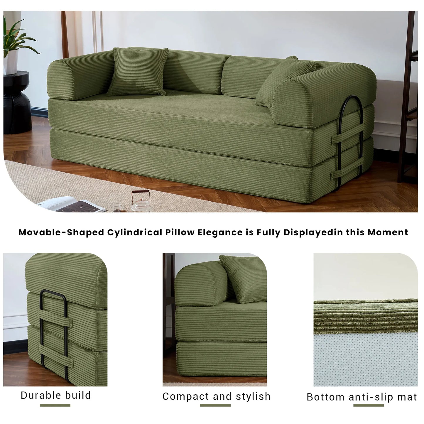NONECN Folding Convertible Sofa Bed Corduroy Upholstered Couch