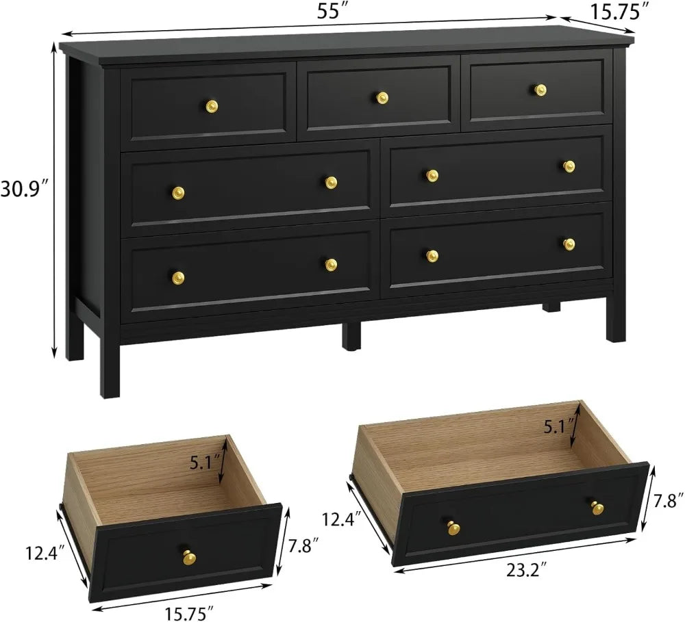 7-Drawer Dresser for Bedroom With Wide Drawers and Metal Handles