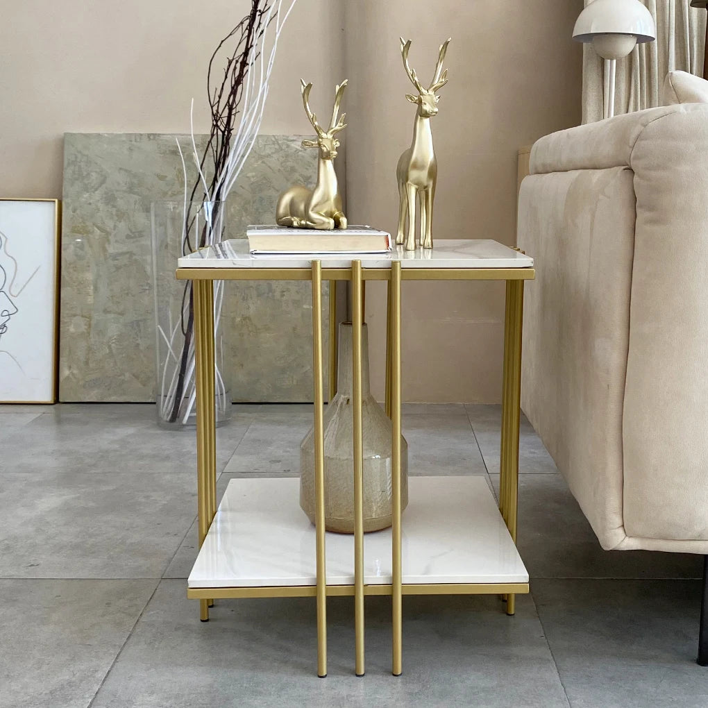 Two Tier Square Side Table With Metal Gold Frame And Sintered Stone Top