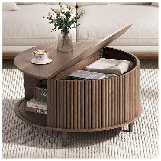 Round Coffee Table With Hidden Slidable Storage Door Modern Walnut