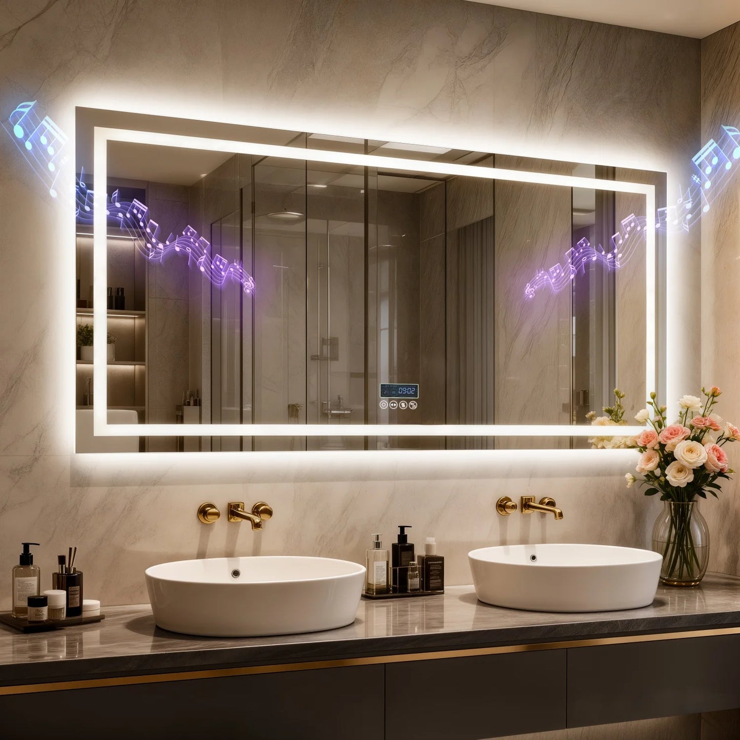 Bluetooth LED Bathroom Mirror With Dual Speaker Digital Display Antifog
