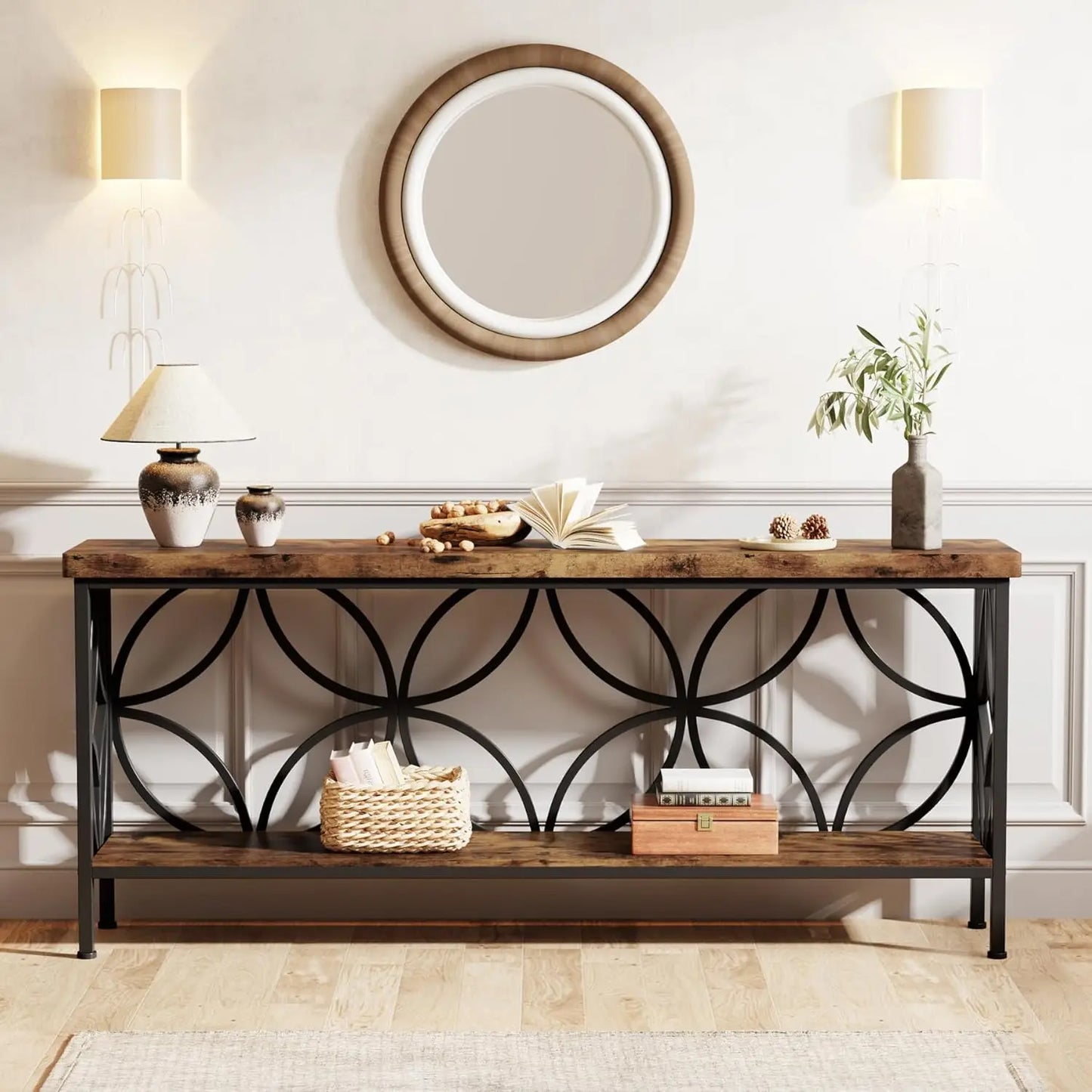 LITTLE TREE Industrial Sofa Table With Storage For Entryway