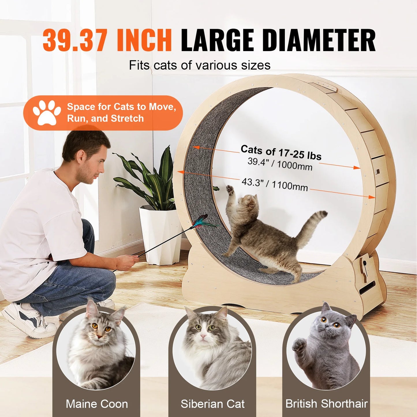 Wooden Cat Exercise Wheel For Indoor Cats Durable Large Treadmill Wheel With Detachable Carpet And Cat Teaser
