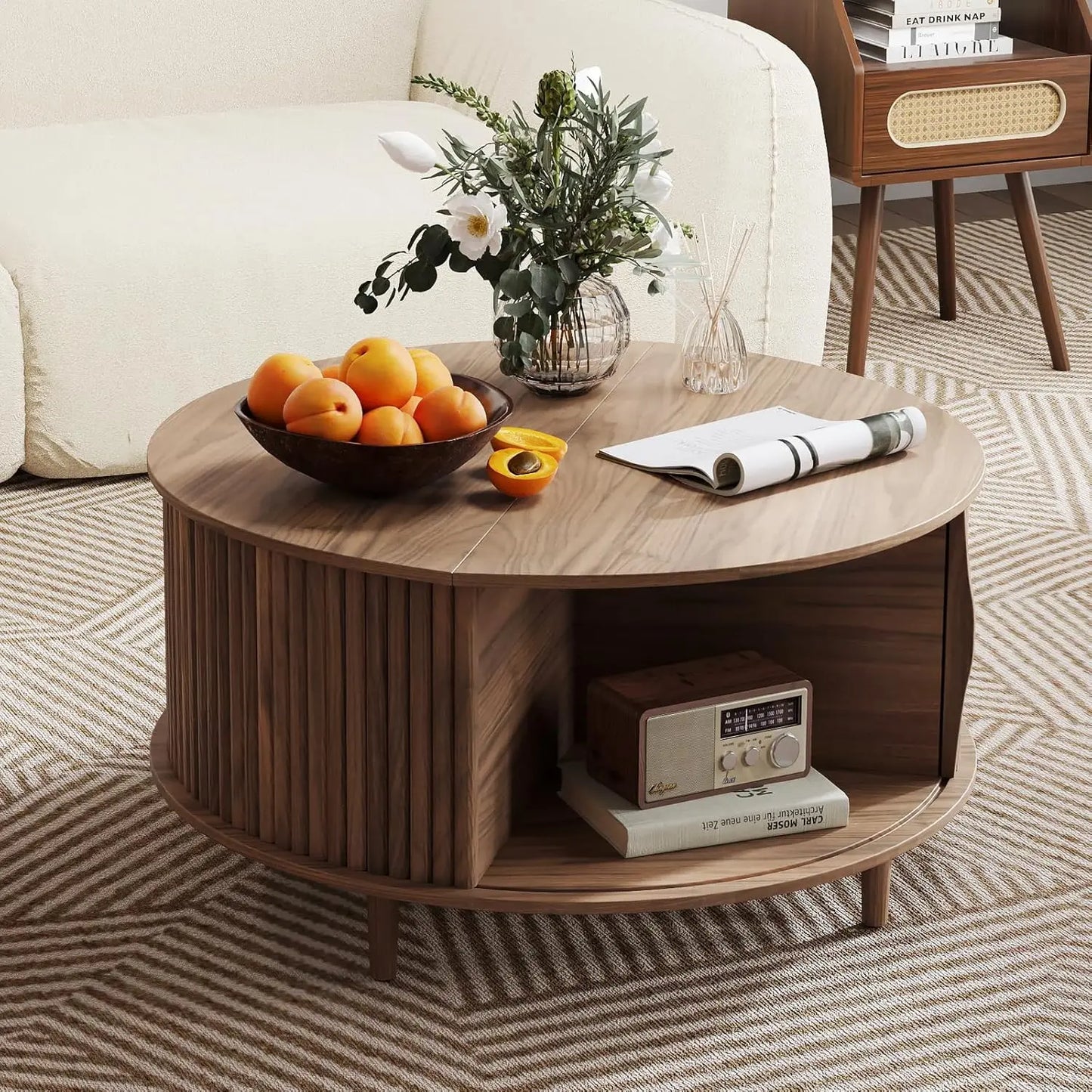 Round Coffee Table With Hidden Slidable Storage Door Modern Walnut