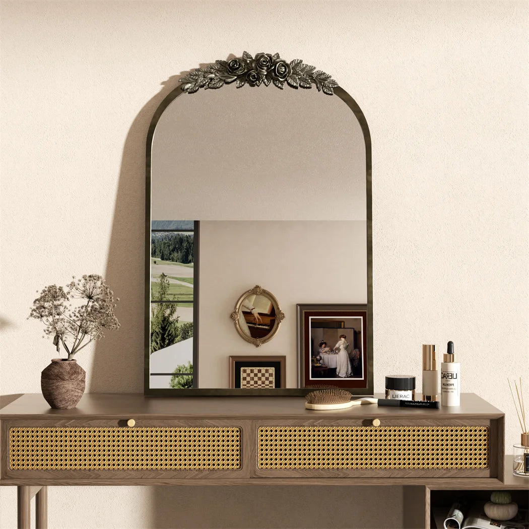 LUVODI Elegant Antique Brass Arched Wall Mirror With Resin Rose Pattern For Entryway And Living Room
