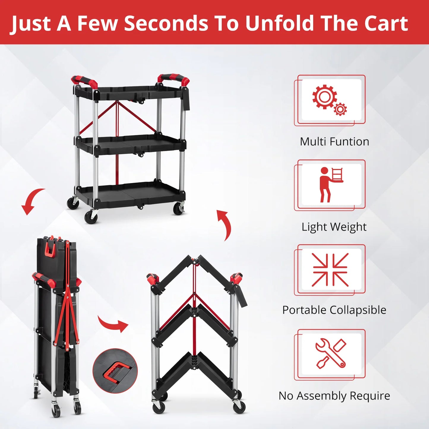 TWISTER.CK Three Tier Foldable Utility Cart With Locking Wheels