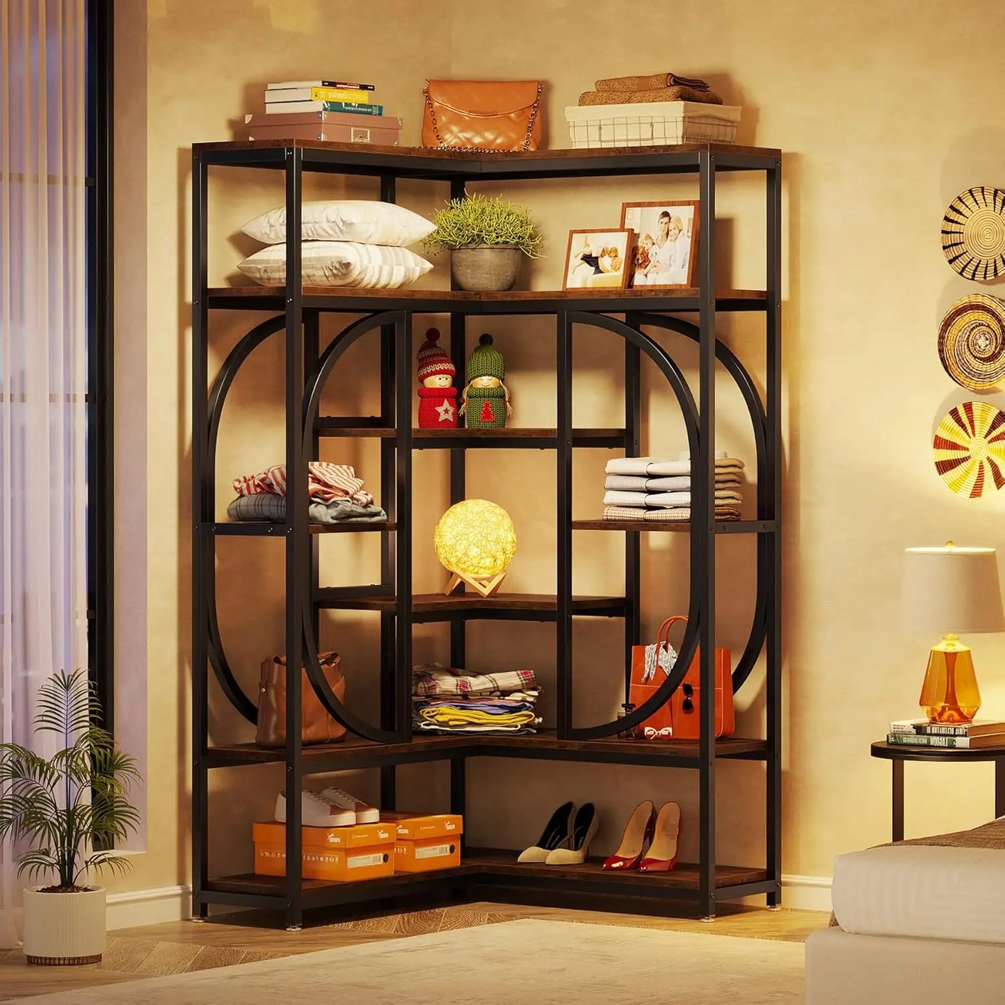 LITTLE TREE 7-Shelf Corner Bookshelf with Metal Frame