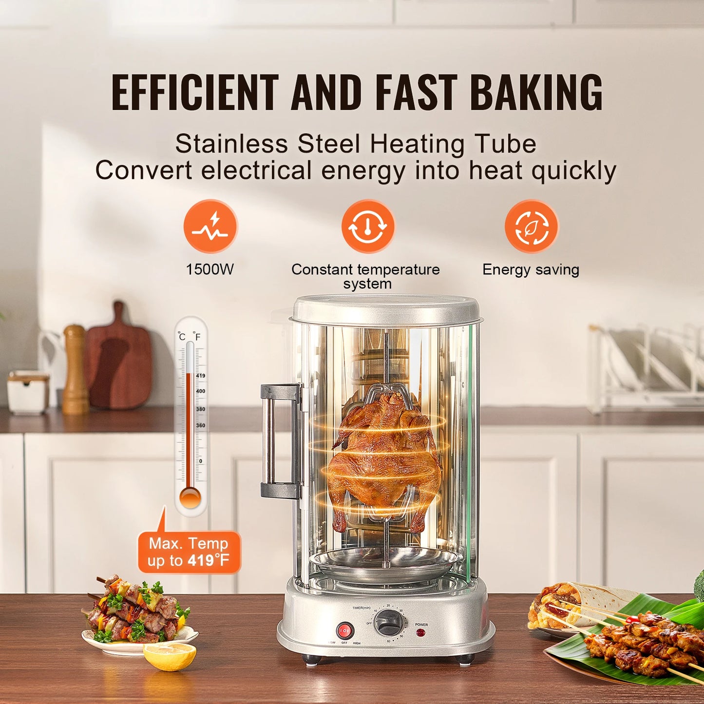 SucceBuy Electric Shawarma Grill Machine 1500W Stainless Steel Rotisserie Gyro Doner Kebab Oven For Home Use