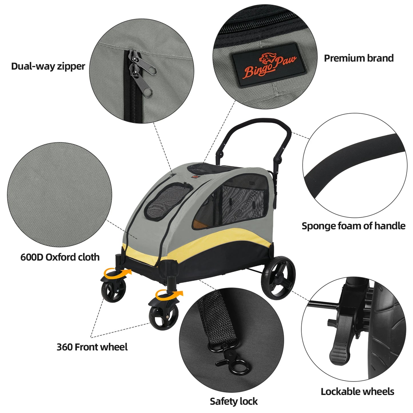 Dog Stroller Ultra Large Four Wheel Pet Jogger Wagon Foldable Cart Load 55kg