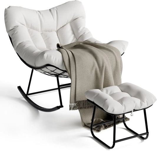 TWISTER.CK Outdoor Papasan Rocking Chair With Footrest 350 Lb Capacity Premium Balcony Patio Lounge For Adults
