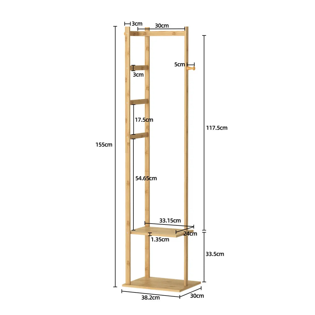 Bamboo Corner Coat Rack With Two Tier Shelves And Hanger Hooks