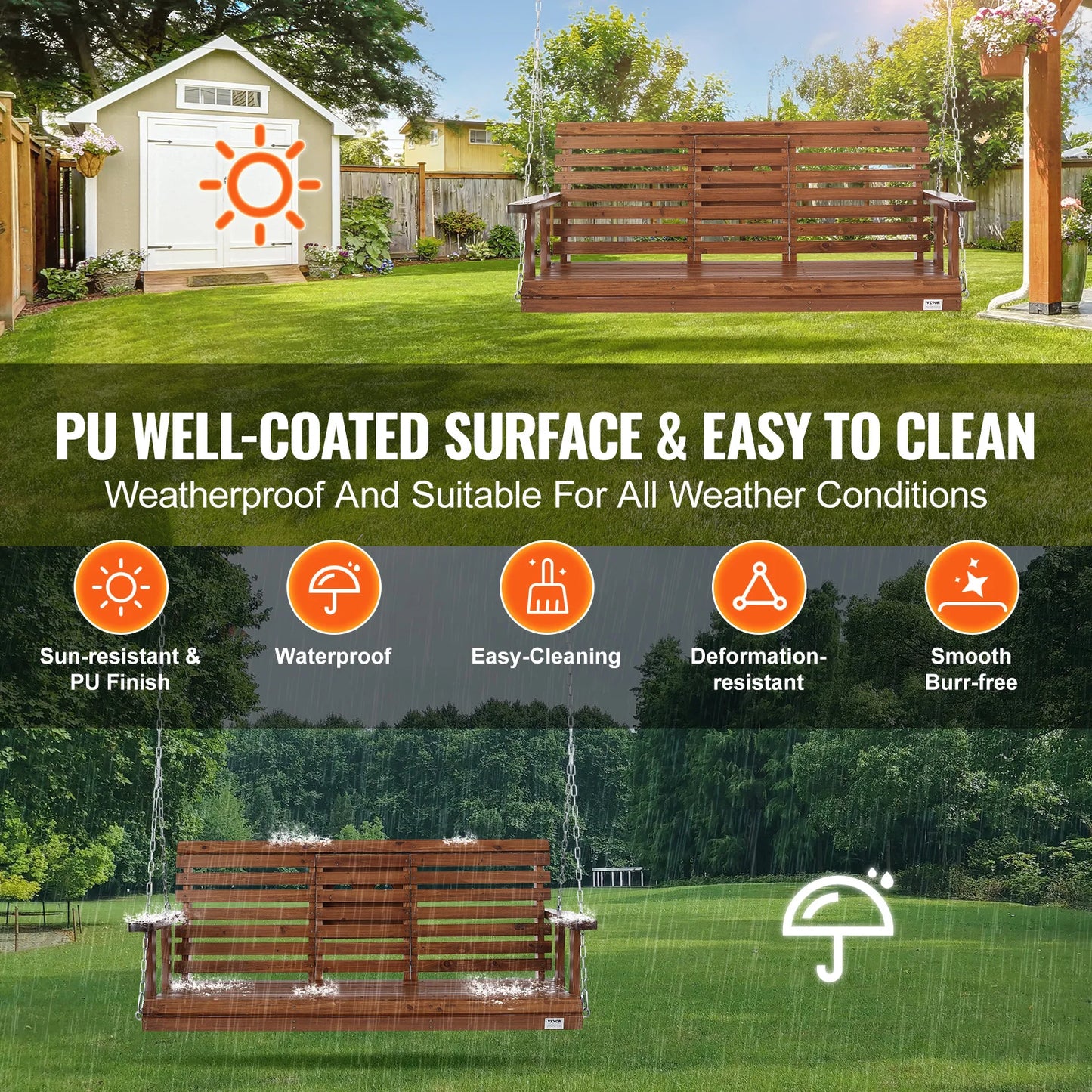 SucceBuy Cedar Wood Porch Swing With Steel Chains For Outdoors