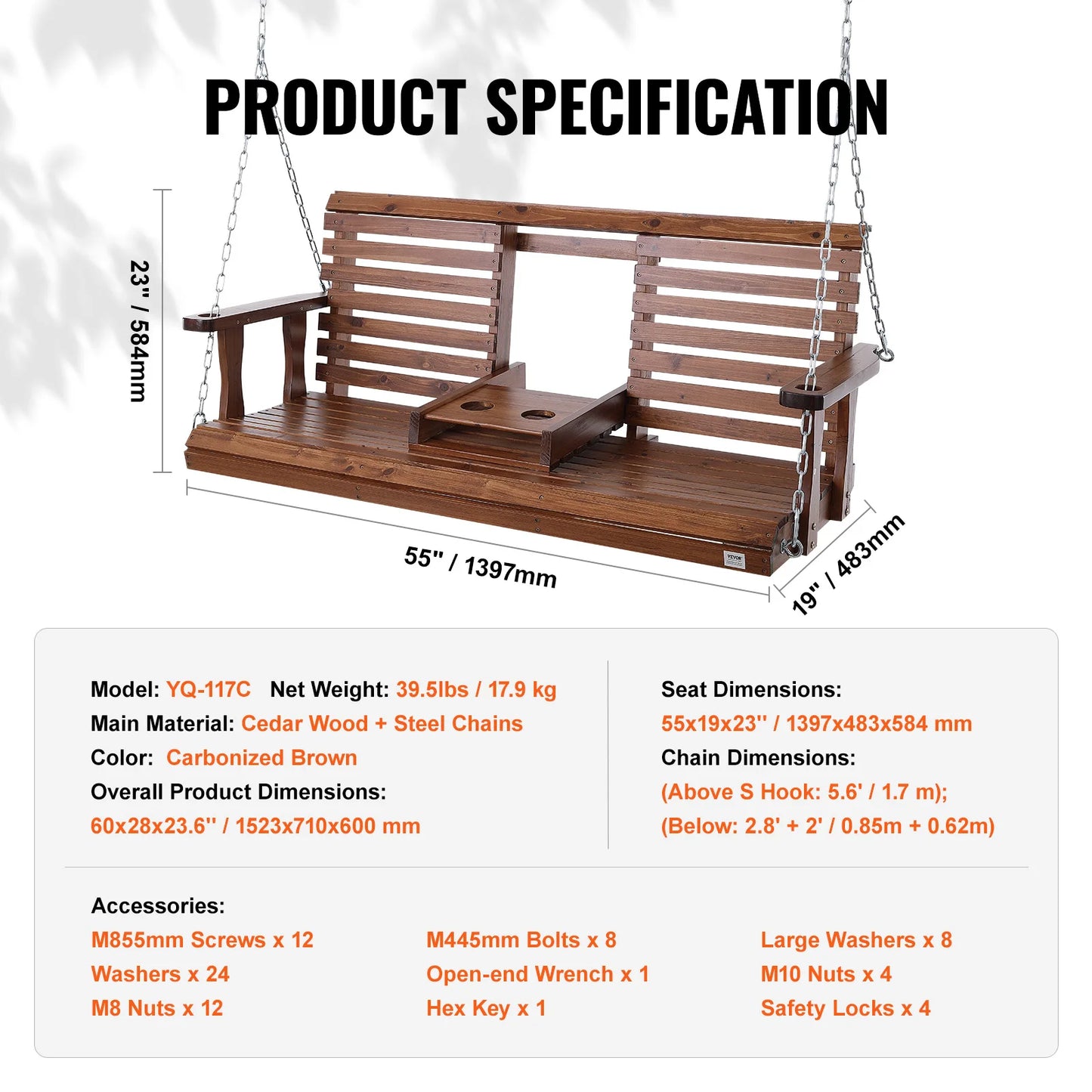 SucceBuy Cedar Wood Porch Swing With Steel Chains For Outdoors