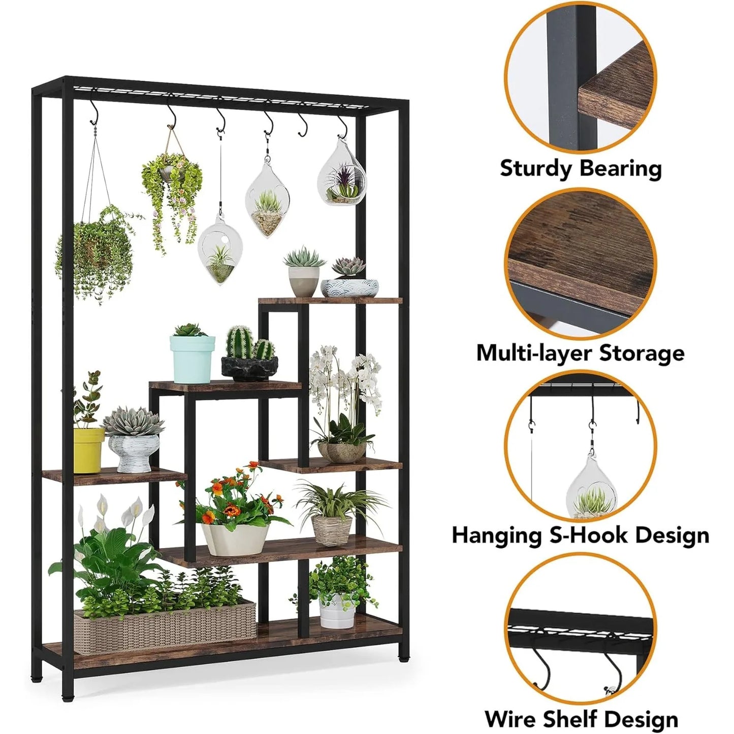 LITTLE TREE 5-Tier Tall Indoor Plant Stand With Hanging Hooks