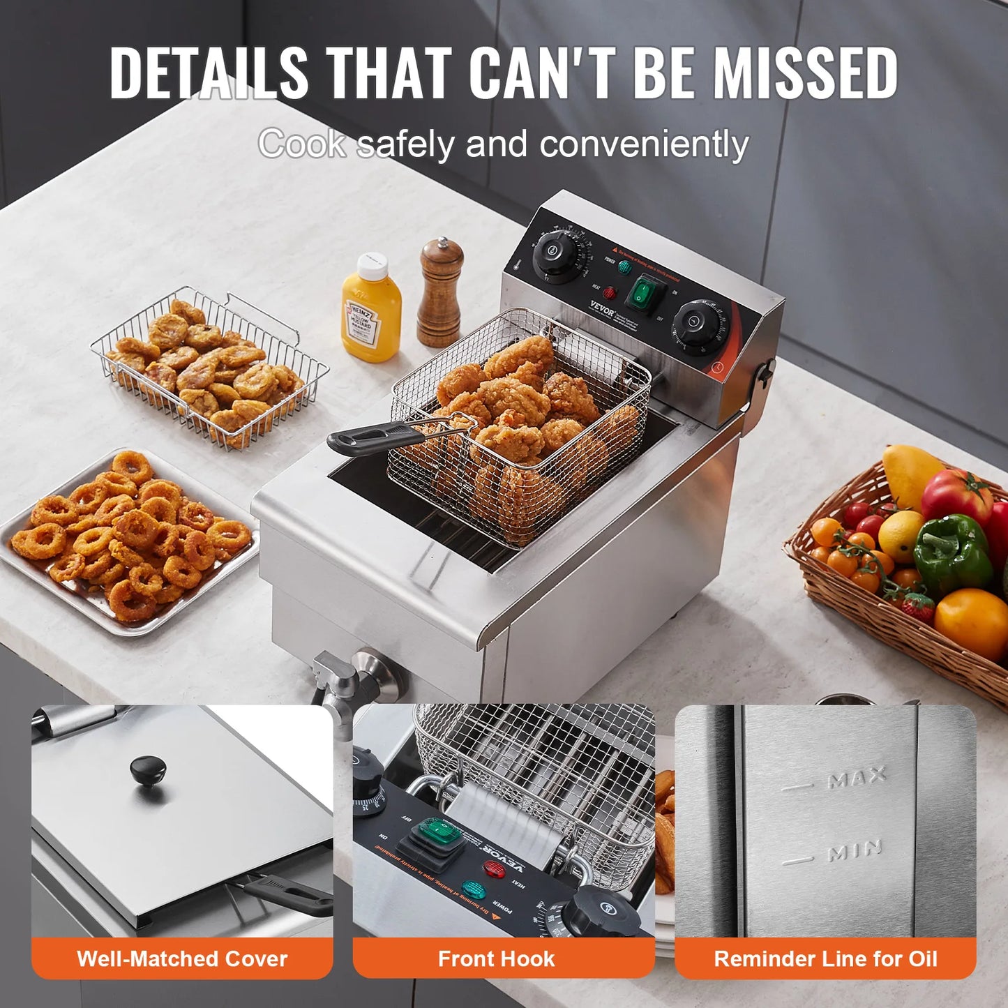 VEVOR Commercial Deep Fryer Electric Countertop 11.6 Qt Stainless Steel With Time And Temperature Control