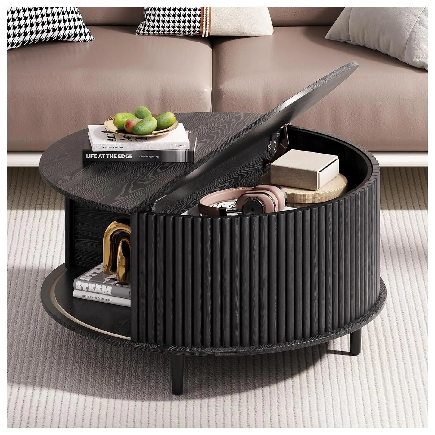 Round Coffee Table With Hidden Slidable Storage Door Modern Walnut