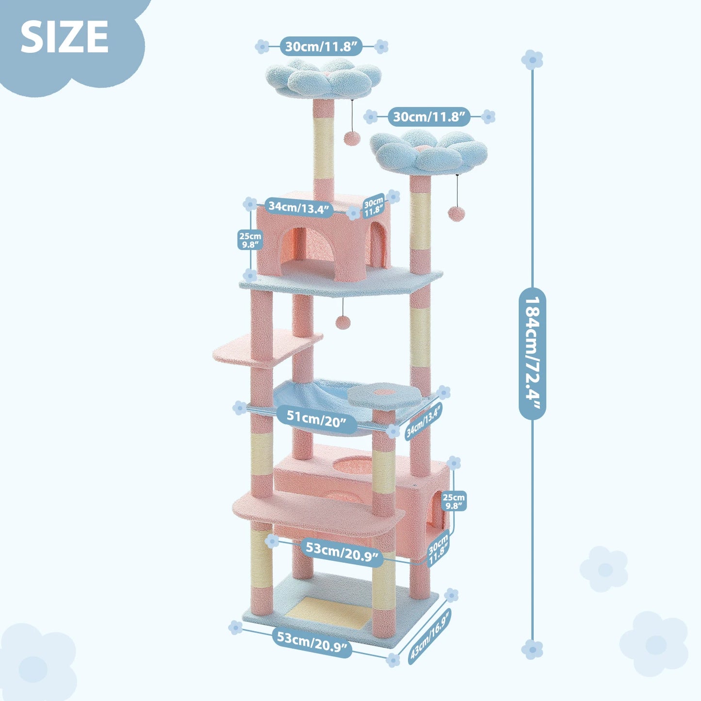 PETEPELACN 184cm Cat Tree Tower For Indoor Cats With Sisal Covered Posts Hammock Padded Perches And Condos Blue