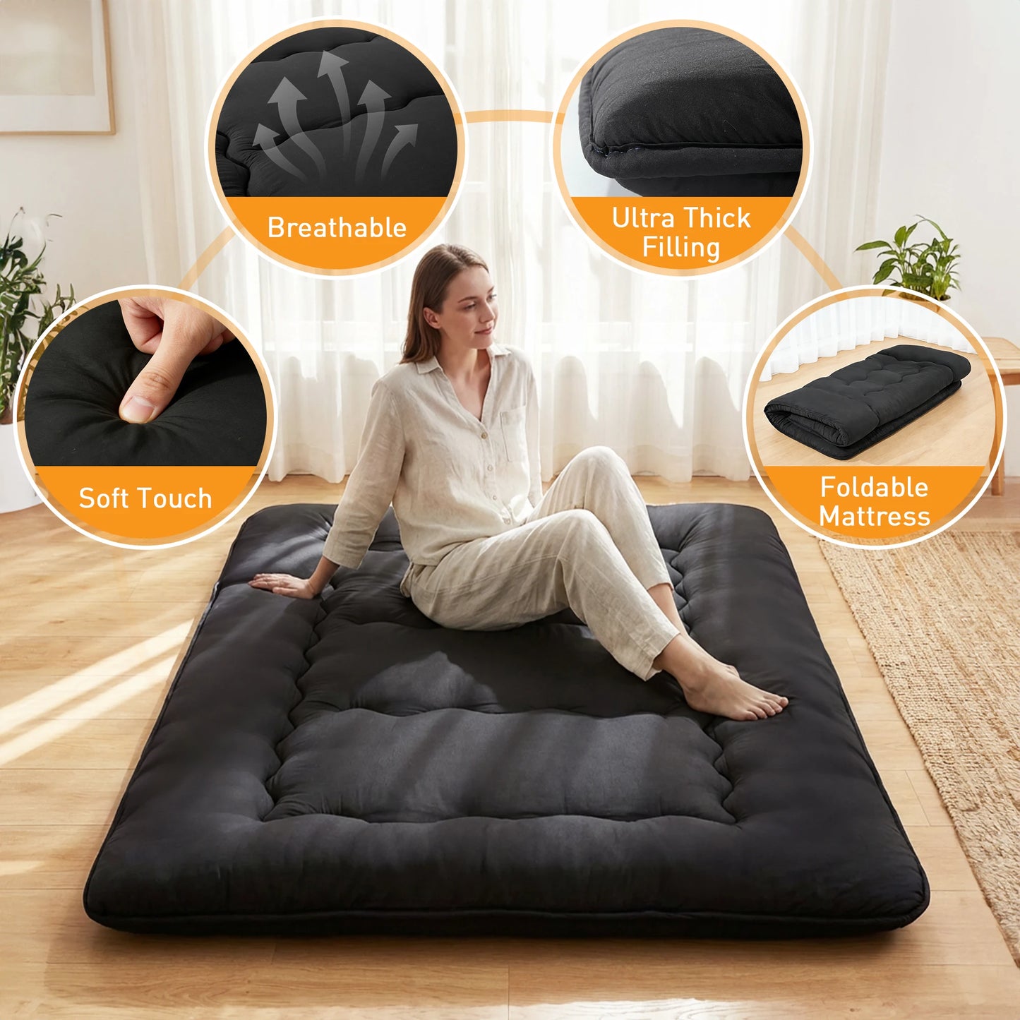 JHK Portable Floor Mattress Topper With Removable Washable Cover