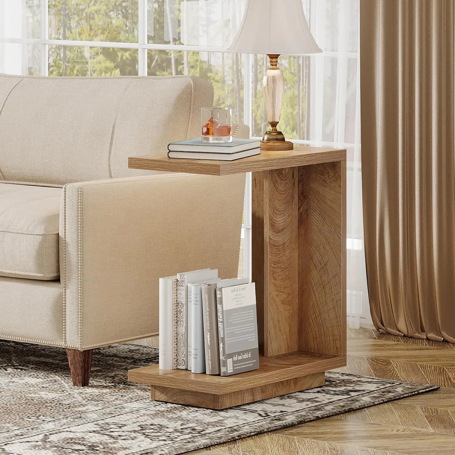 LITTLE TREE C-Shaped Side Table, 2-Tier Pedestal Industrial Sofa End Table