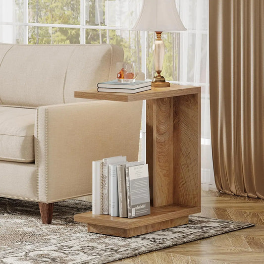 LITTLE TREE C-Shaped Side Table, 2-Tier Pedestal Industrial Sofa End Table