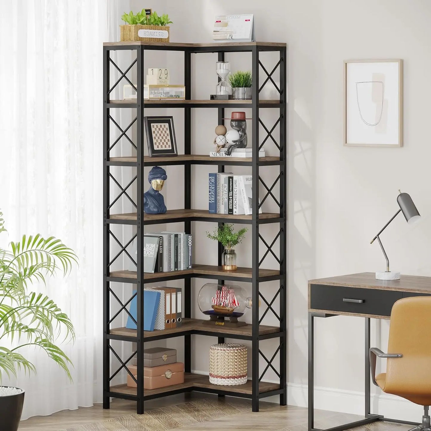 Little Tree 7 Tier Corner Bookcase With Open Metal Frame