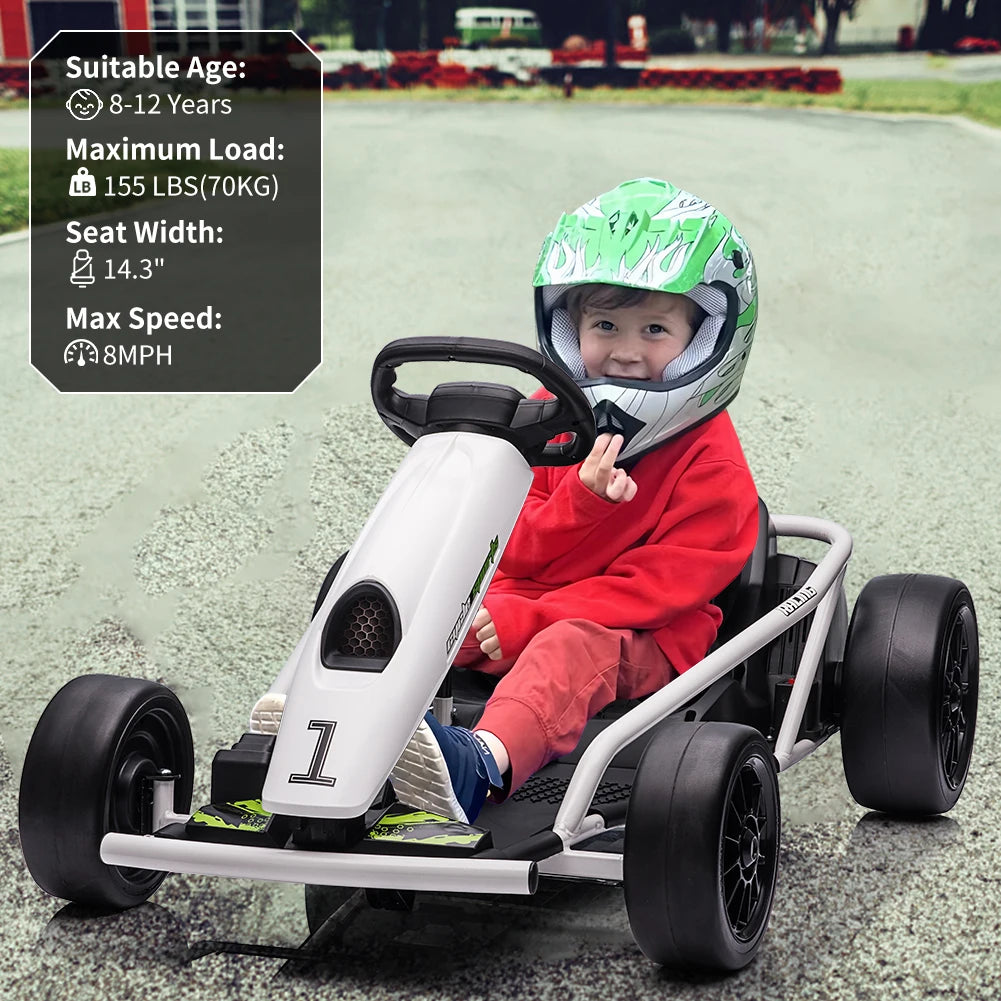 Electric Go Kart For Kids Ages 8 To 12 With Dual 300W Motors 8 MPH High Speed Ride On Racing Toy With Music Outdoor Fun Gift