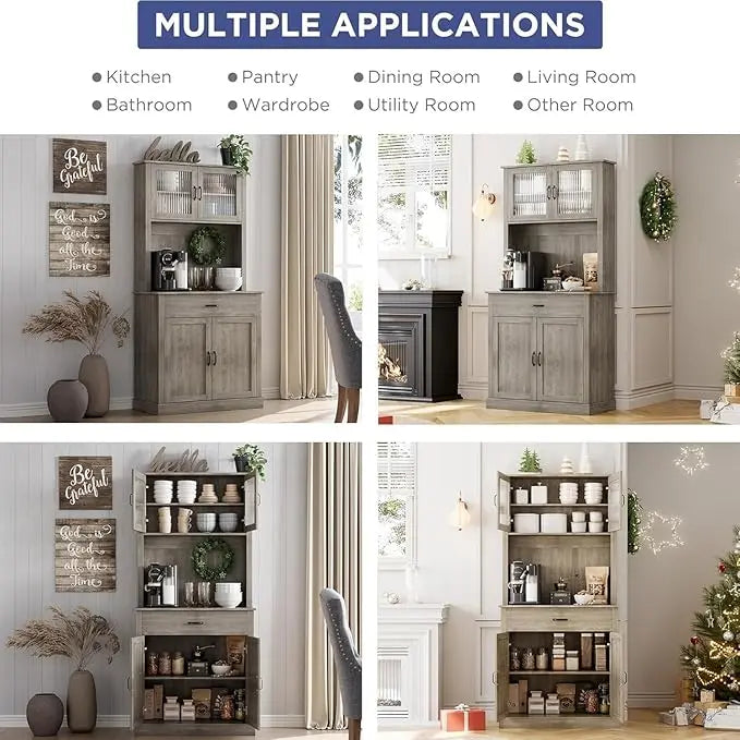 HiMISS Kitchen Pantry Cabinet With Microwave Stand And Glass Doors