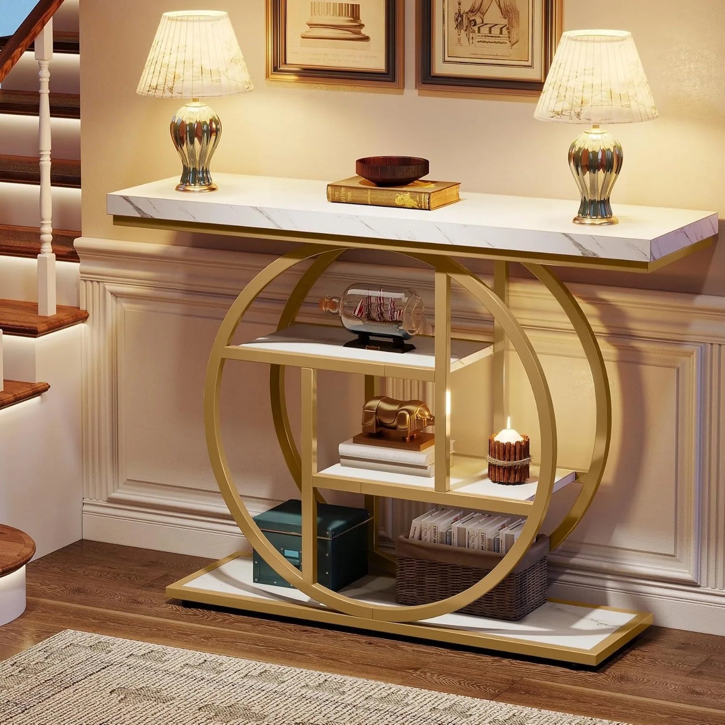 Little Tree Industrial Console Table With Four Storage Shelves For Entryway