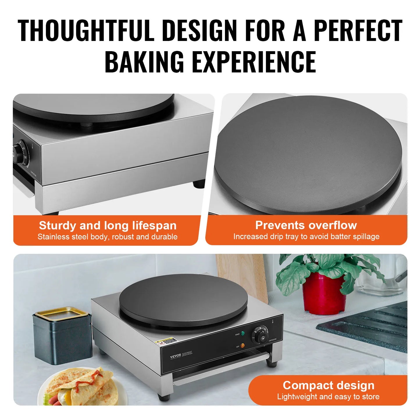 SucceBuy 16 Inch Electric Crepe Maker Commercial Nonstick Flat Plate Griddle For Restaurants