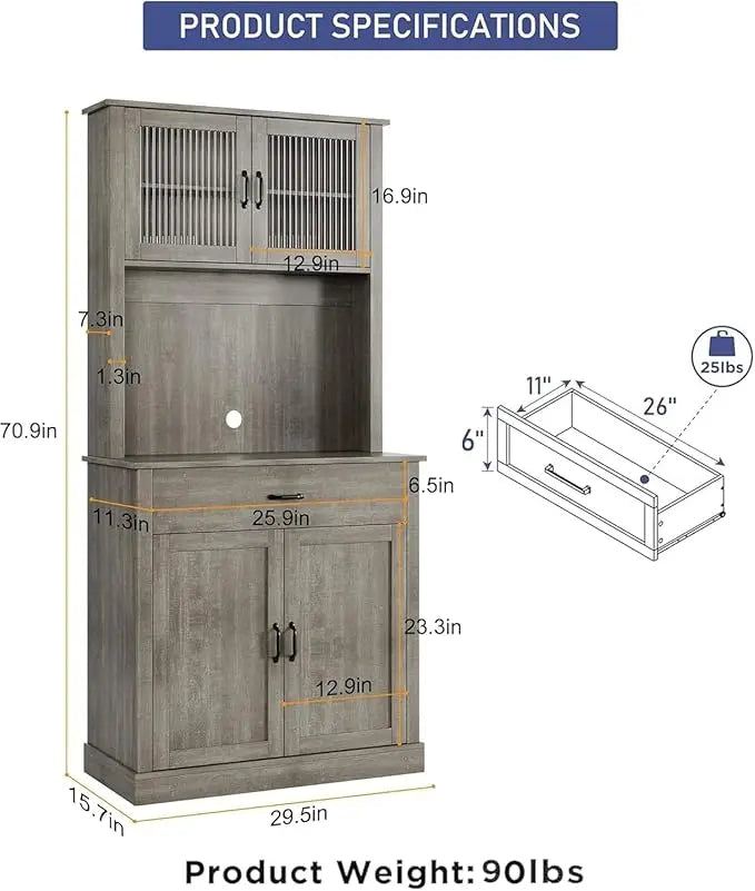 HiMISS Kitchen Pantry Cabinet With Microwave Stand And Glass Doors