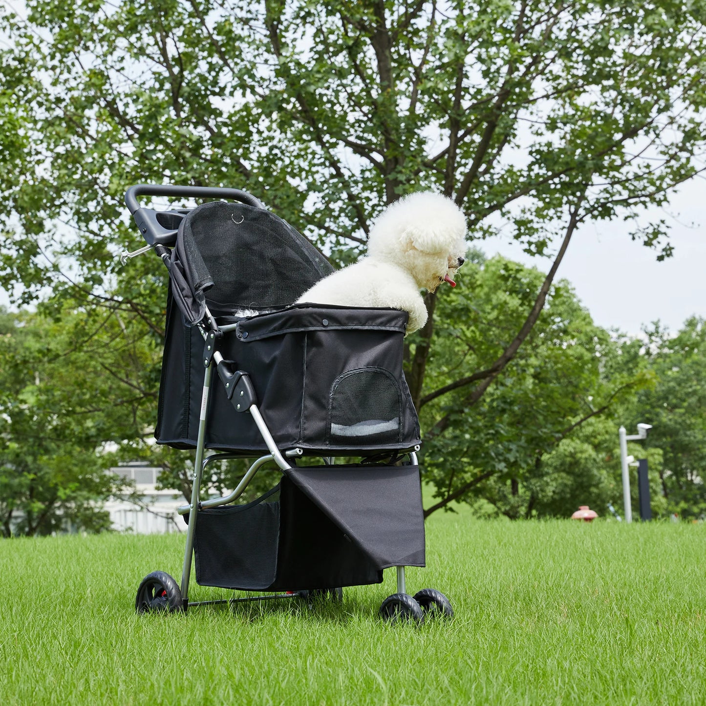 Three Wheel Foldable Pet Stroller With Mesh Windows For Small Dogs And Cats