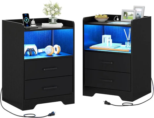 Stand Set of 2 Nightstands With LED Lighting and Charging