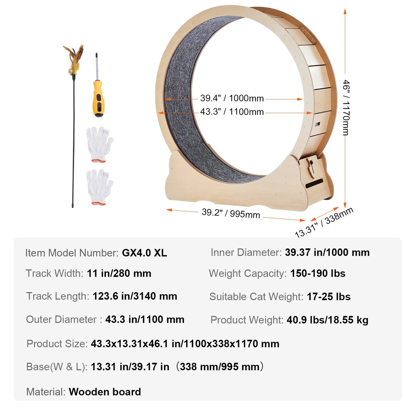Wooden Cat Exercise Wheel For Indoor Cats Durable Large Treadmill Wheel With Detachable Carpet And Cat Teaser