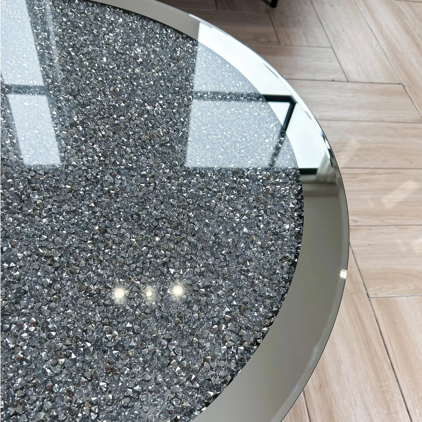 Round Mirrored End Table With Crystal Beveled Glass Edge