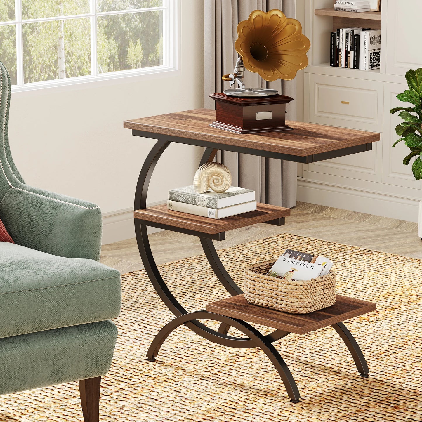 Tribesigns C Shaped End Table With Storage Shelves Industrial Style