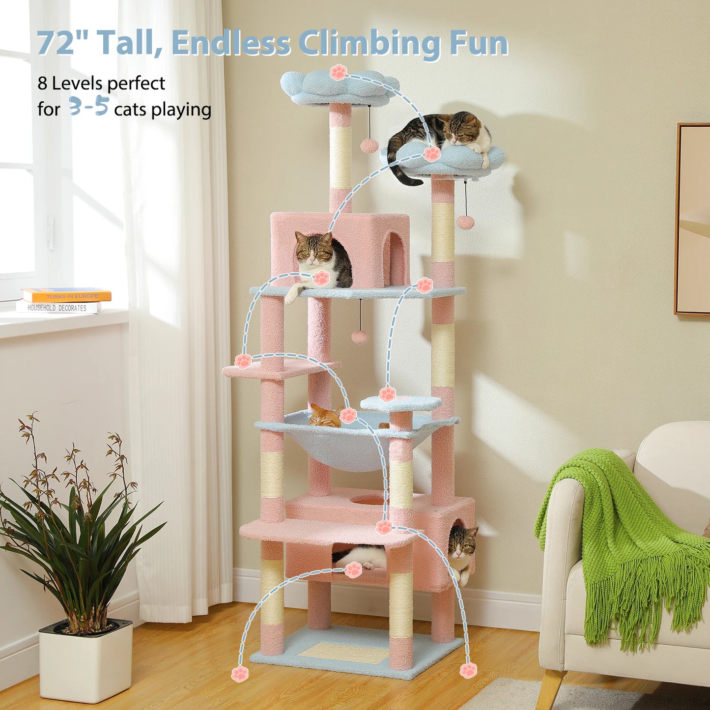 PETEPELACN 184cm Cat Tree Tower For Indoor Cats With Sisal Covered Posts Hammock Padded Perches And Condos Blue