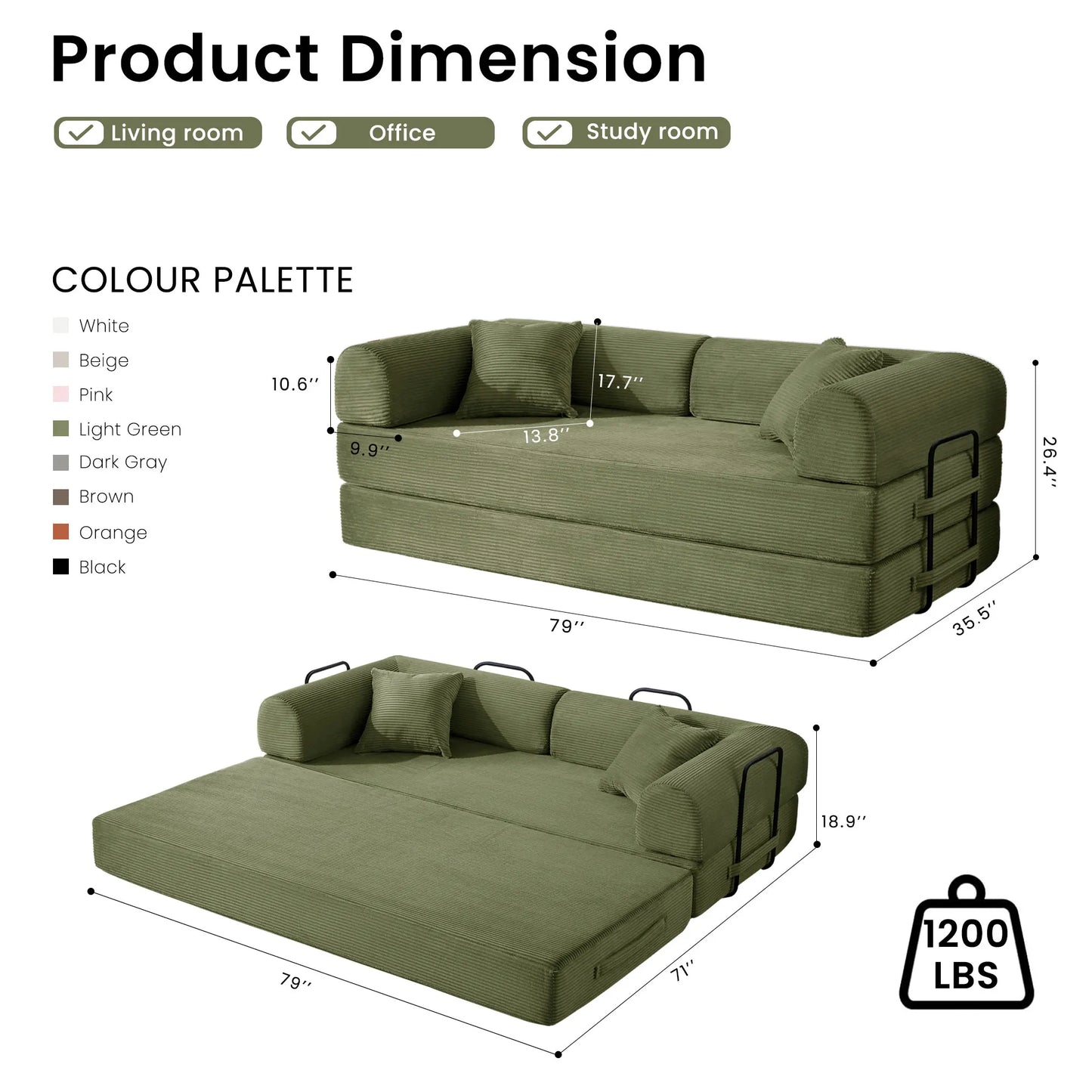 NONECN Folding Convertible Sofa Bed Corduroy Upholstered Couch