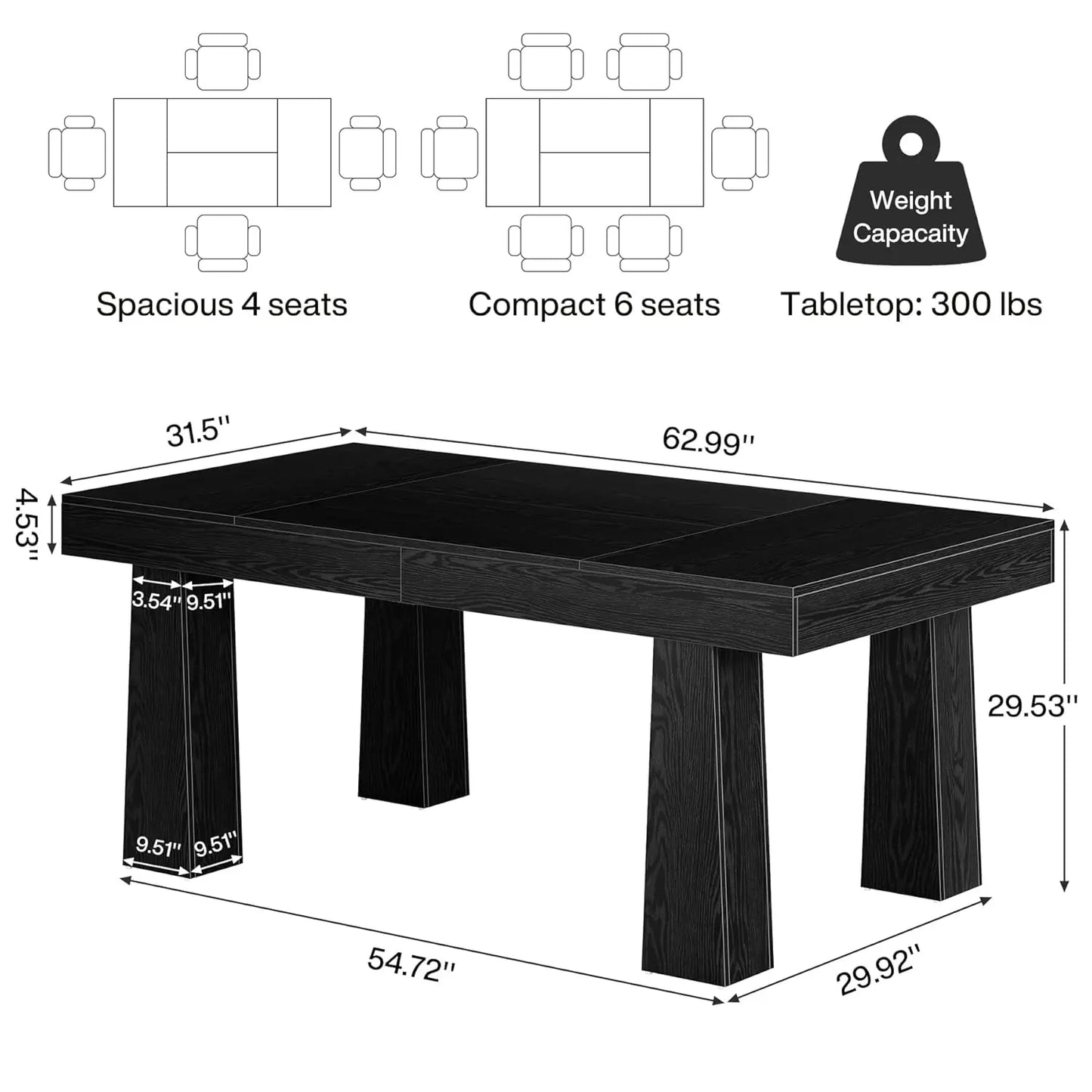 Modern Rectangular Dining Table With Heavy Duty Tapered Legs