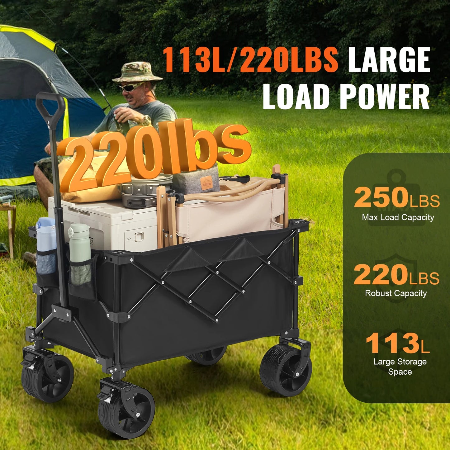 SucceBuy Collapsible Folding Wagon With All-Terrain Wheels And Drink Holder