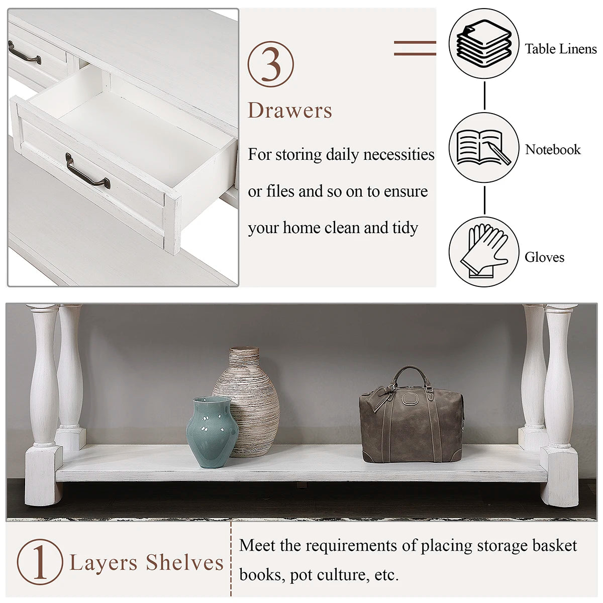 TWISTER.CK Wood Console Table With Premium Solid Wood Frame And 3 Drawers For Entryways And Hallways