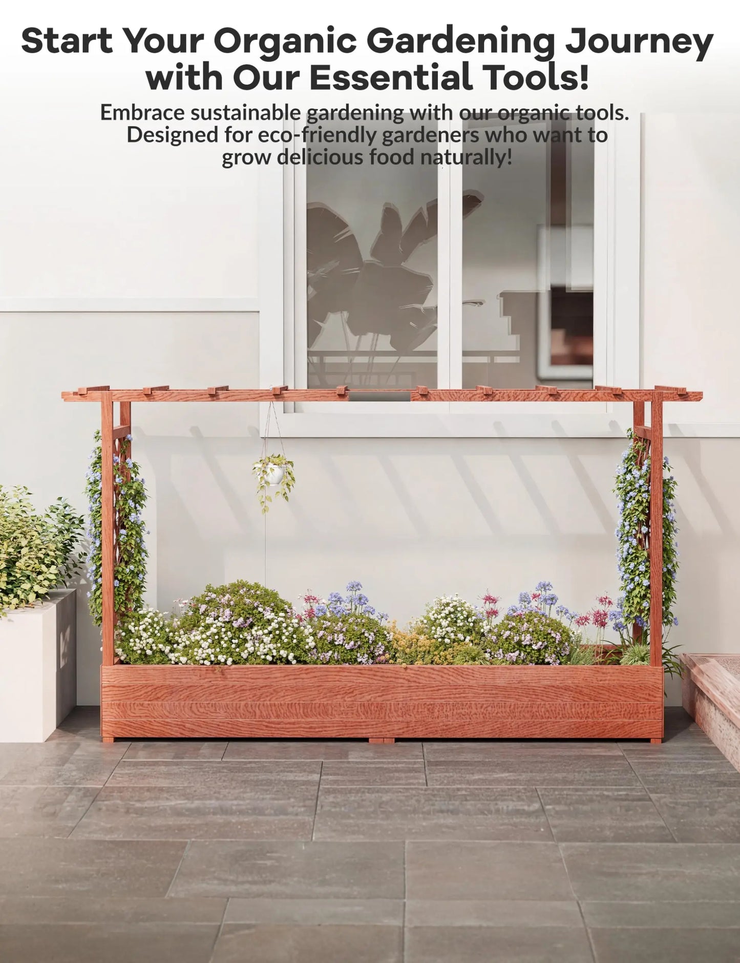 HiMISS Wooden Raised Garden Bed With Trellis Canopy Freestanding Planter For Gardeners Climbing Plants And Vines