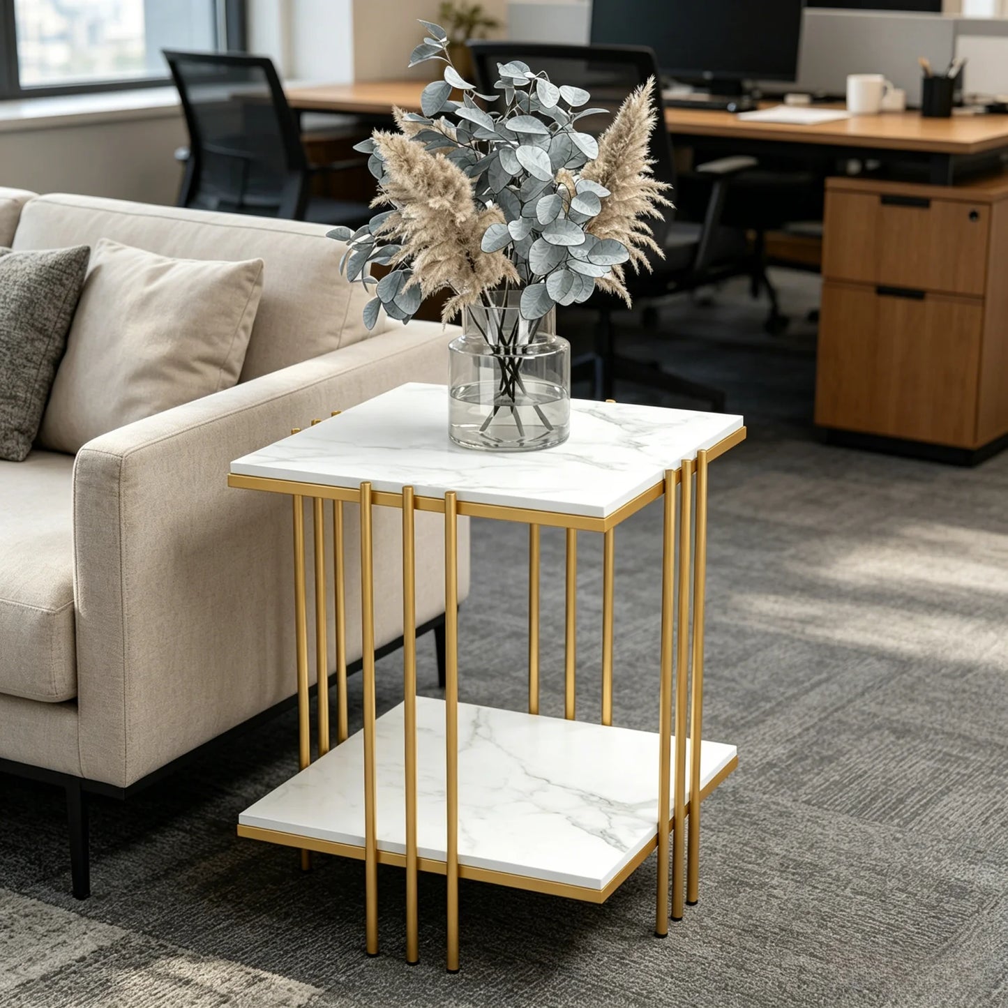 Two Tier Square Side Table With Metal Gold Frame And Sintered Stone Top