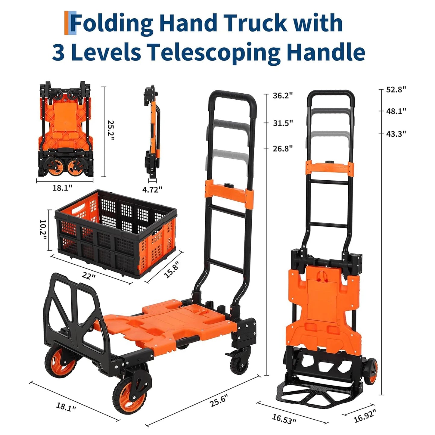 Heavy Duty 2 In 1 Folding Hand Truck Dolly Cart With Foldable Basket 330 Lb Capacity 4 Wheels For Travel And Office