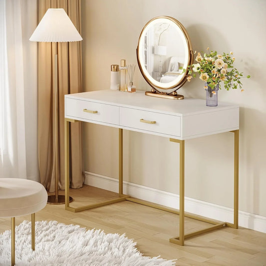 LITTLE TREE White And Gold Vanity Desk With 2 Drawers