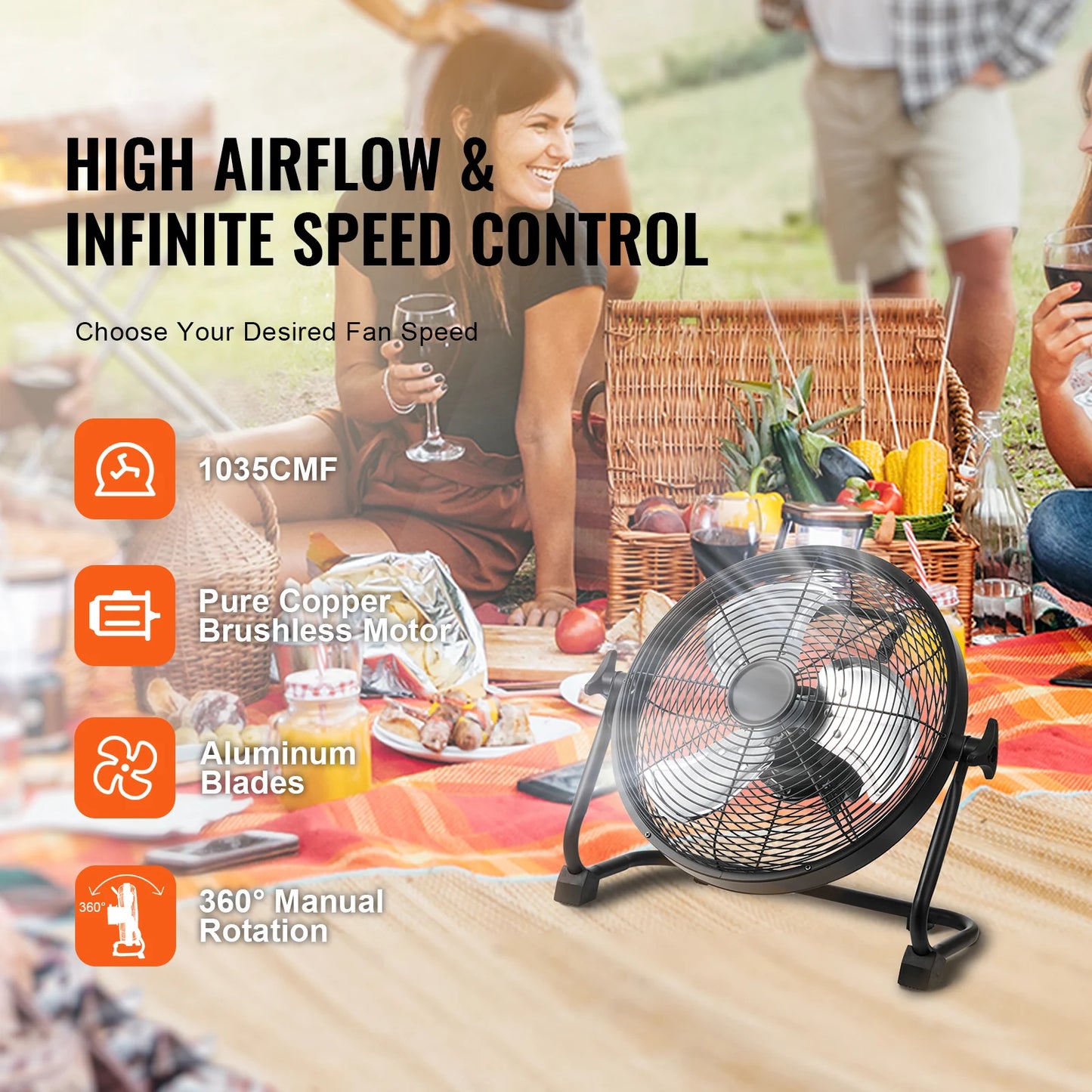 SucceBuy Cordless Fan 12 Inch Portable High Velocity Rechargeable 15600mAh With Pivoting Head For Industrial Workshops