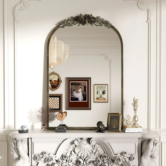 LUVODI Elegant Antique Brass Arched Wall Mirror With Resin Rose Pattern For Entryway And Living Room