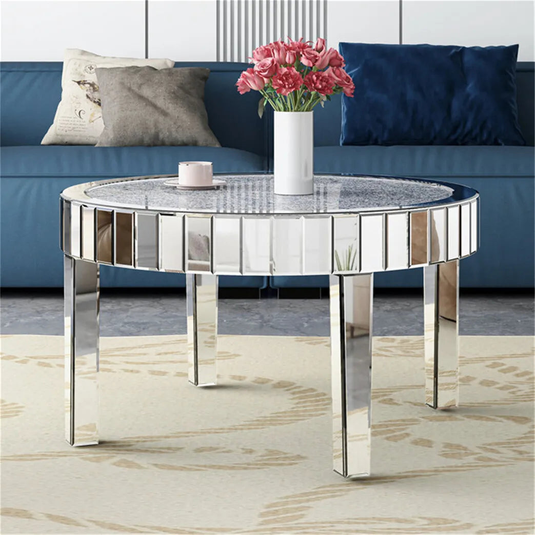 Round Mirrored End Table With Crystal Beveled Glass Edge